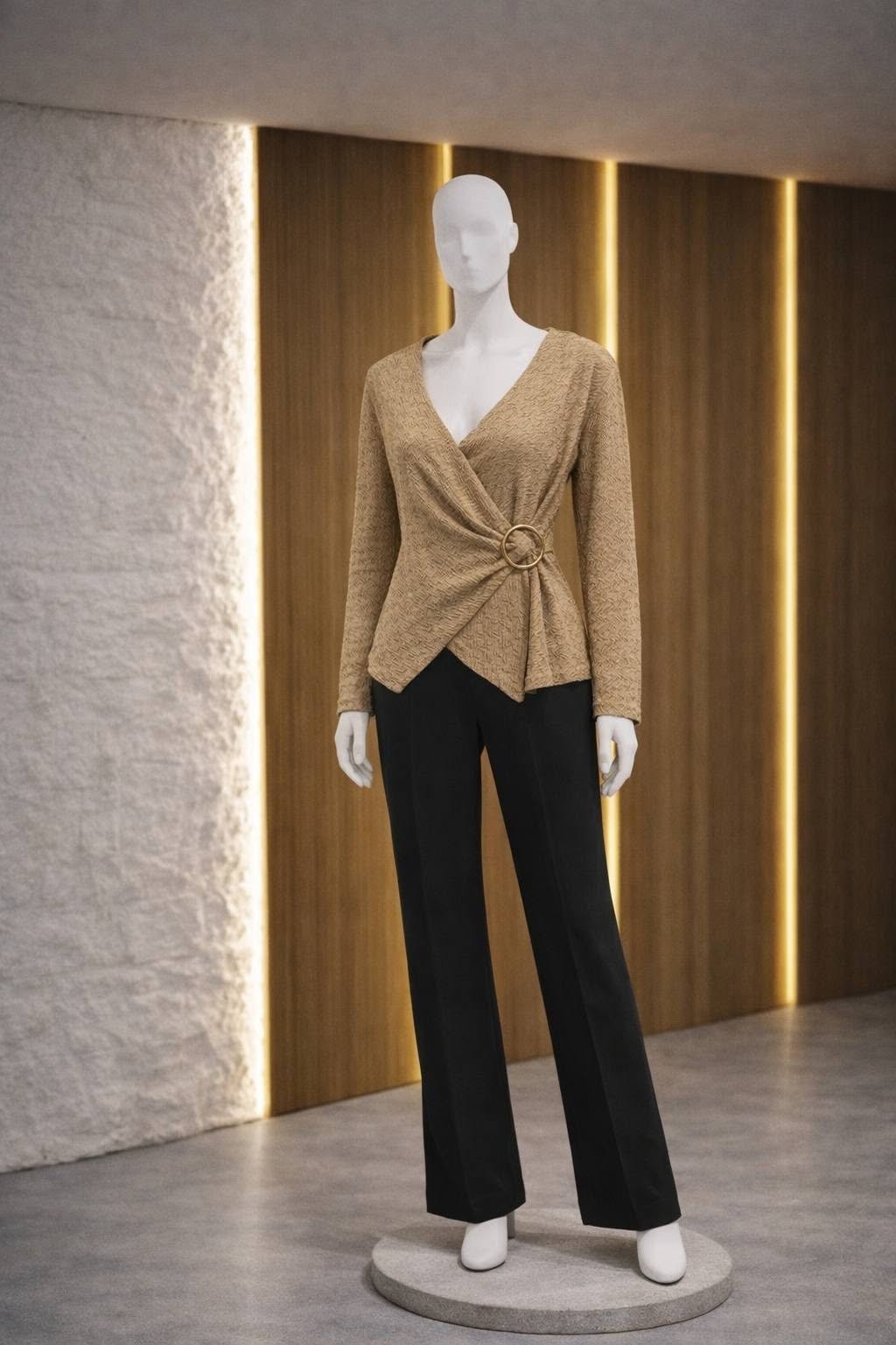 Beige textured wrap top with a gold buckle over black tailored trousers