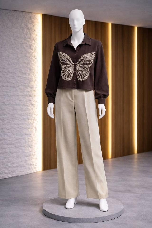 Brown butterfly-embroidered shirt with cream wide-leg trousers